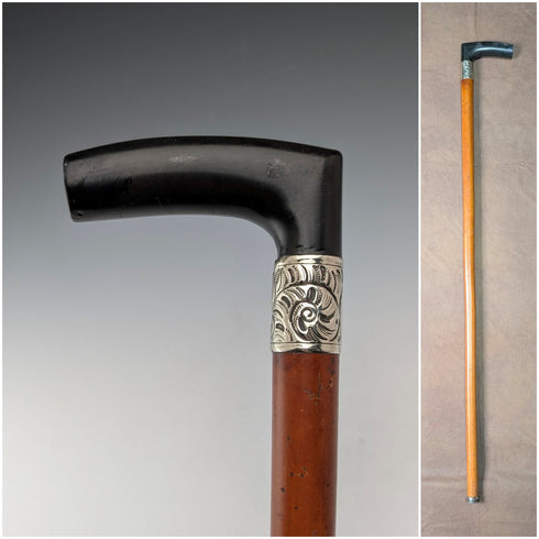 Antique British Malacca Shaft Resin L-Handle Walking Stick 88cm